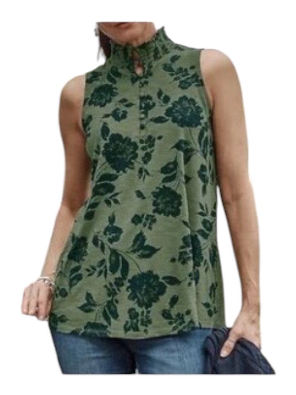 J Jill Sleeveless Ruffle Mock Button Neck Green Navy Floral Top NWT NEW Sz Large